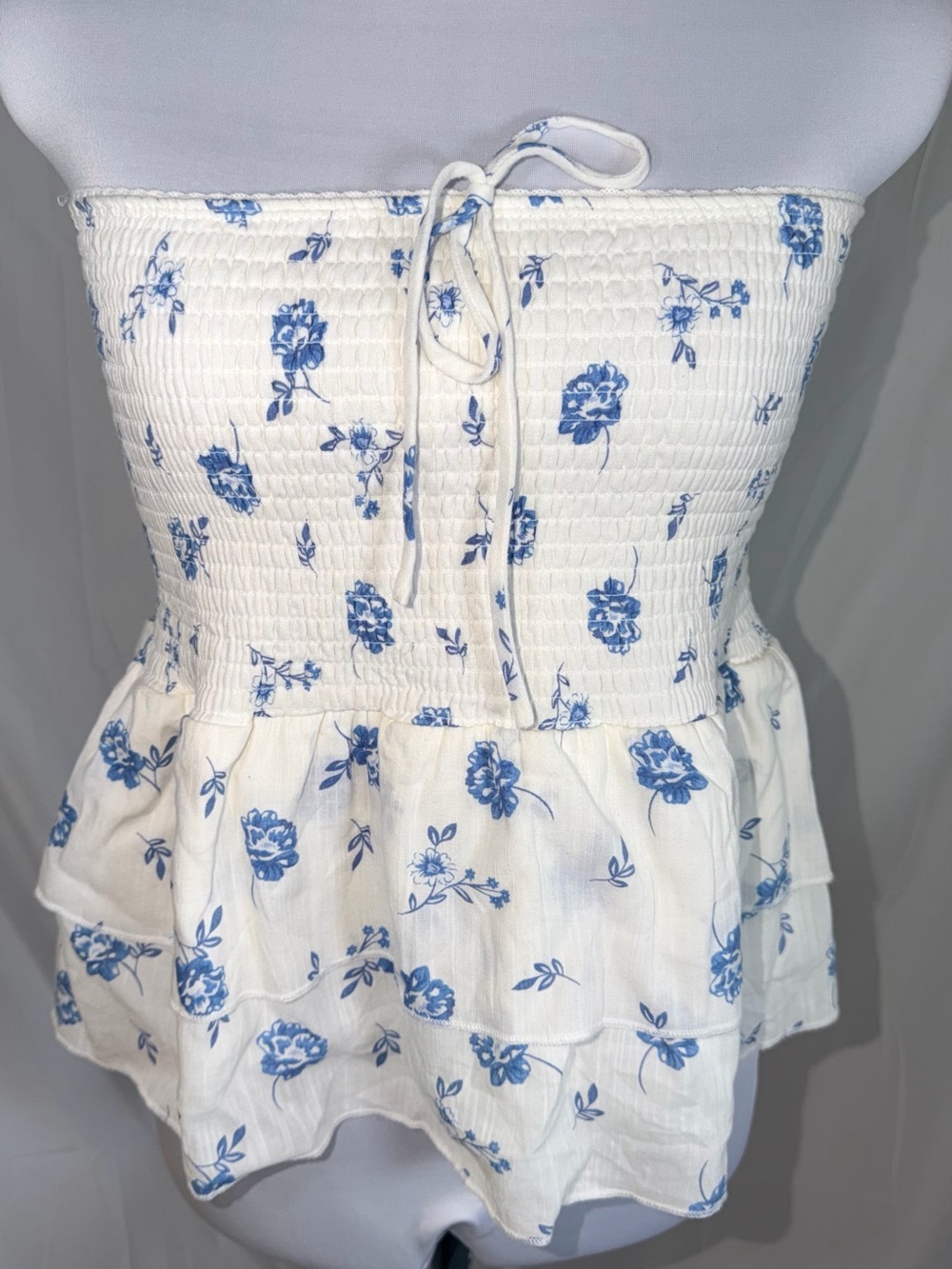Kirious White & Blue Floral Smocked Strapless Peplum Top